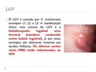 LGV
 O LGV é causado por C. trachomatis,
sorotipos L1, L2 e L3. A manifestação
clínica mais comum do LGV é a
linfadenopatia inguinal e/ou
femoral (também conhecido
como bubão inguinal), já que esses
sorotipos são altamente invasivos aos
tecidos linfáticos. Os últimos surtos
entre HSH estão relacionados ao
HIV.
 