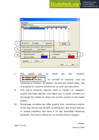 A.Blakey
Page 19 of 82
February 2002
i This allows you to show the bar “necked”
for periods of inactivity, such as
weekends or holidays. By default, the bars are necked when, due
to progress or resource constraints, no work can take place.
ii This option becomes relevant when a “target” or “baseline”
project has been defined, and allows yo u to show criticality on
the target bar based on either the current project or the target
project
iii Percentage complete can differ greatly from remaining duration
(a ten day activity can be 90% complete but, due to late delivery
or access problems, still have a 10 day estimated remaining
duration). This option allows you to choose which to display.
iii
ii
i
iv
 