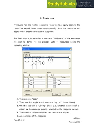 A.Blakey
Page 57 of 82
February 2002
8. Resources
Primavera has the facility to receive resource data, apply costs to the
resources, report these resources graphically, level the resources and
apply actual expenditure against budgeted.
The first step is to establish a resource “dictionary” of the resources
we wish to define for the project. Data > Resources opens the
following window:
1. The resource “code”
2. The units that apply to this resource (e.g. m3
, Hours, litres)
3. Whether the unit is “Driving” or not (i.e. whether the duration is
driven by the resource quantity divided by the resource output)
4. The calendar to be used when this resource is applied.
5. A description of the resource
1
2
3 5
6 7
4
 
