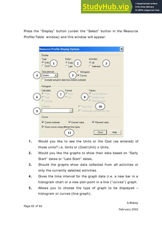 A.Blakey
Page 62 of 82
February 2002
Press the “Display” button (under the “Select” button in the Resource
Profile/ Table window) and this window will appear:
1. Would you like to see the Units or the Cost (as entered) of
those units? i.e. Units or (Cost/ Unit) x Units.
2. Would you like the graphs to show their data based on “Early
Start” dates or “Late Start” dates.
3. Should the graphs show data collected from all activities or
only the currently selected activities.
4. Gives the time interval for the graph data (i.e. a new bar in a
histogram chart or a new plot-point in a line (“curves”) graph.
5. Allows you to choose the type of graph to be displayed –
histogram or curves (line graph).
1 2 3
4 5
6
7
8
9
10
11
 