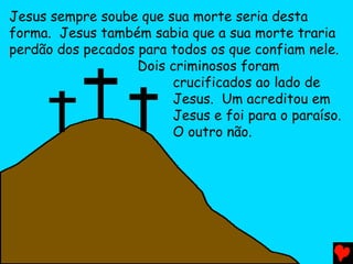 Jesus sempre soube que sua morte seria desta
forma. Jesus também sabia que a sua morte traria
perdão dos pecados para todos os que confiam nele.
                   Dois criminosos foram
                        crucificados ao lado de
                        Jesus. Um acreditou em
                        Jesus e foi para o paraíso.
                        O outro não.
 