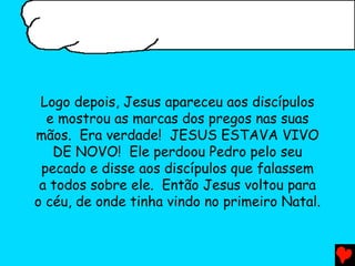 Logo depois, Jesus apareceu aos discípulos
  e mostrou as marcas dos pregos nas suas
mãos. Era verdade! JESUS ESTAVA VIVO
   DE NOVO! Ele perdoou Pedro pelo seu
 pecado e disse aos discípulos que falassem
 a todos sobre ele. Então Jesus voltou para
o céu, de onde tinha vindo no primeiro Natal.
 