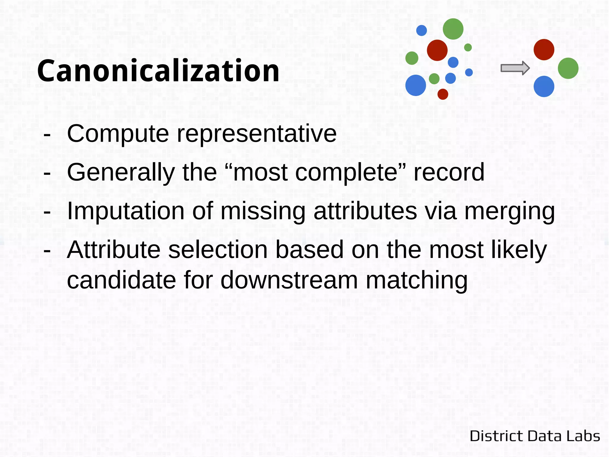 Key Assumptions
- Every entity refers to a real world object (e.g.
there are no “fake” instances
- References or sources (for record linkage)
include no duplicates (integrity constraints)
- If two records are identical, they are true
matches ( , ) ∈ Mt
 
