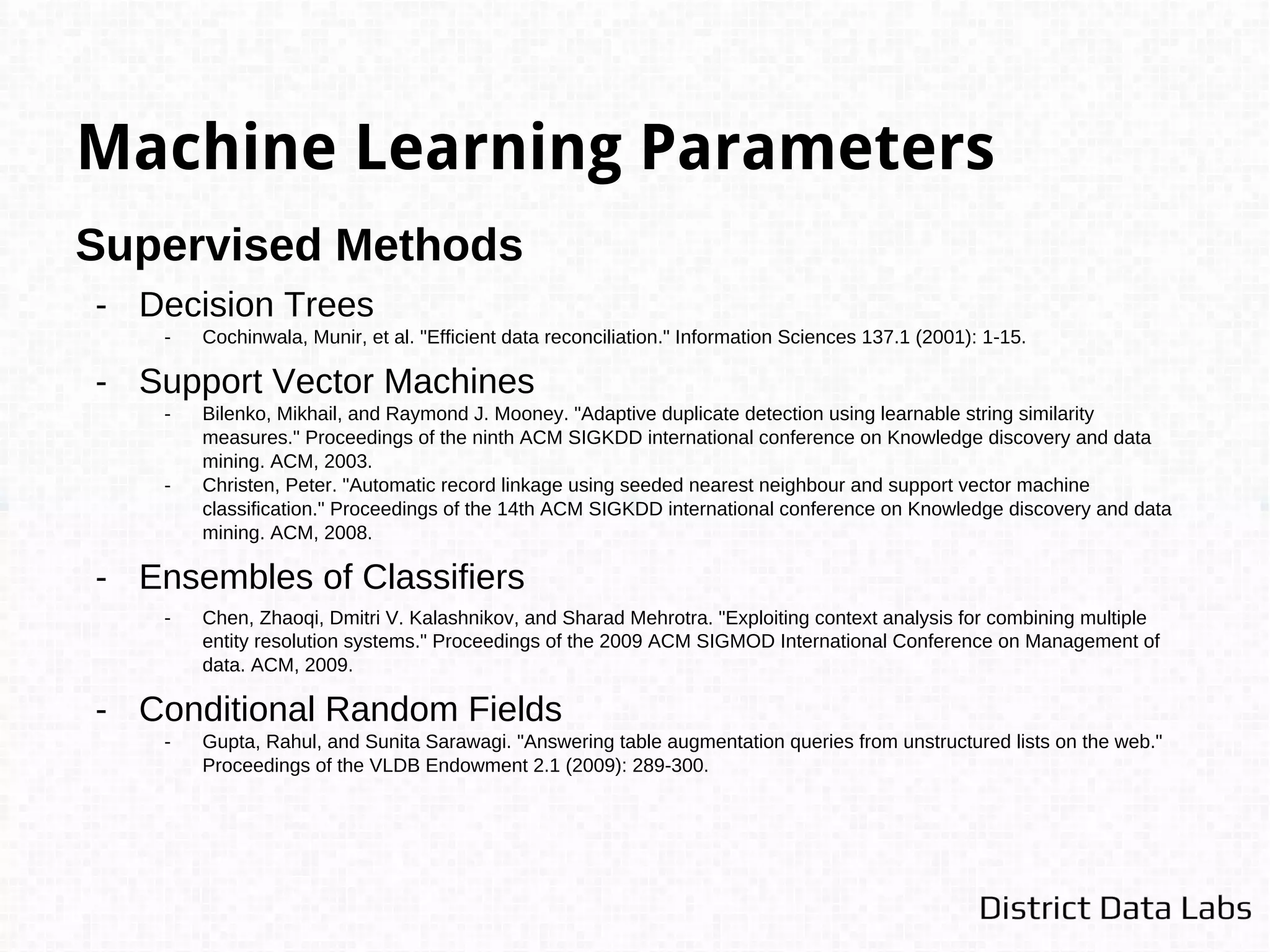 Luckily, all of these models are in Scikit-Learn.
Considerations:
- Building training sets is hard:
- Most records are easy non-matches
- Record pairs can be ambiguous
- Class imbalance: more negatives than positives
Machine Learning & Fellegi Sunter is the state of the art.
Implementing Papers
 