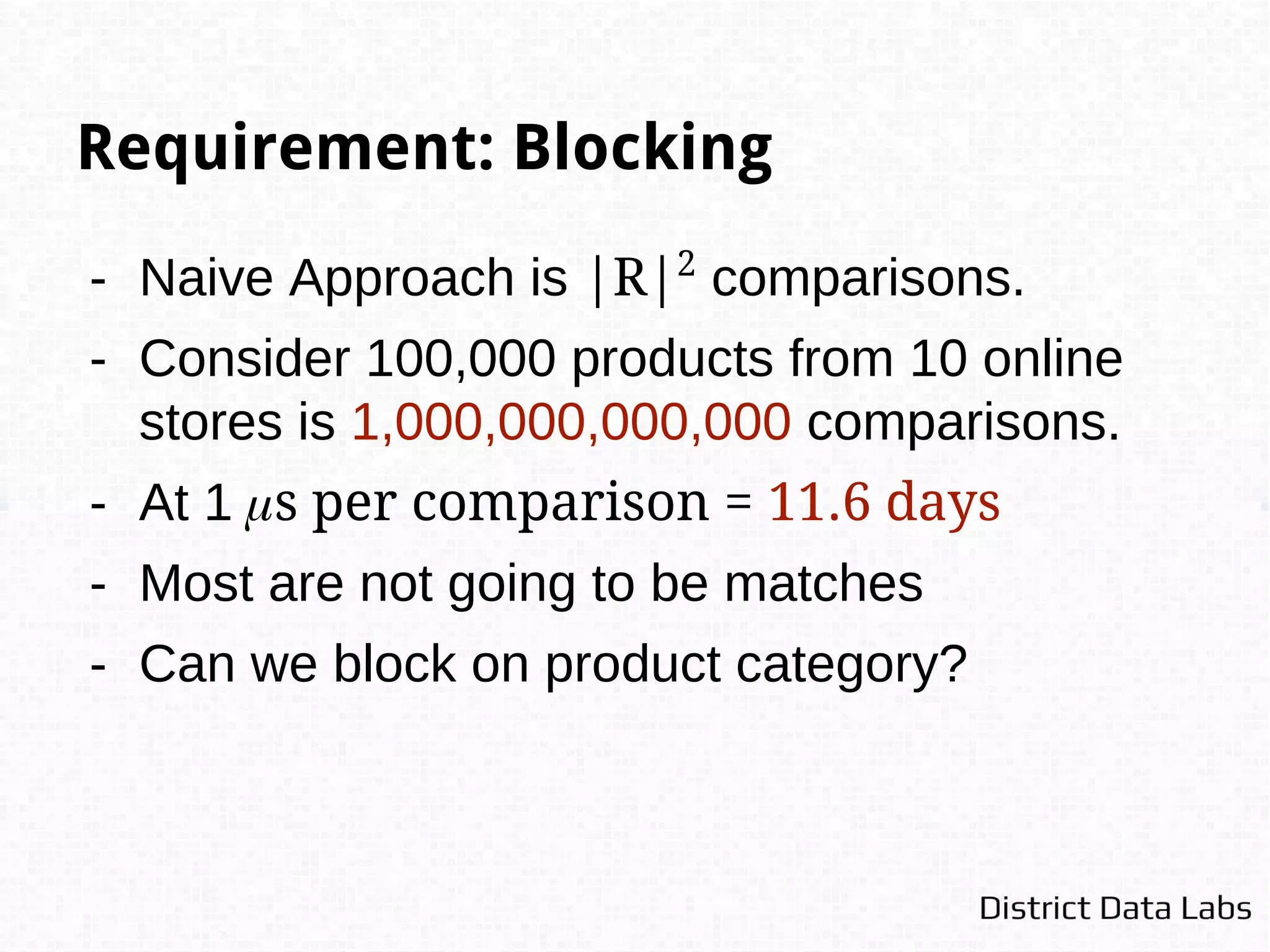 Canopy Clustering
The algorithm begins with two thresholds T1
and T2
the loose and tight
distances respectively, where T1
> T2
.
1. Remove a point from the set and start a new “canopy”
2. For each point in the set, assign it to the new canopy if the distance
is less than the loose distance T1
.
3. If the distance is less than T2
remove it from the original set
completely.
4. Repeat until there are no more data points to cluster.
 