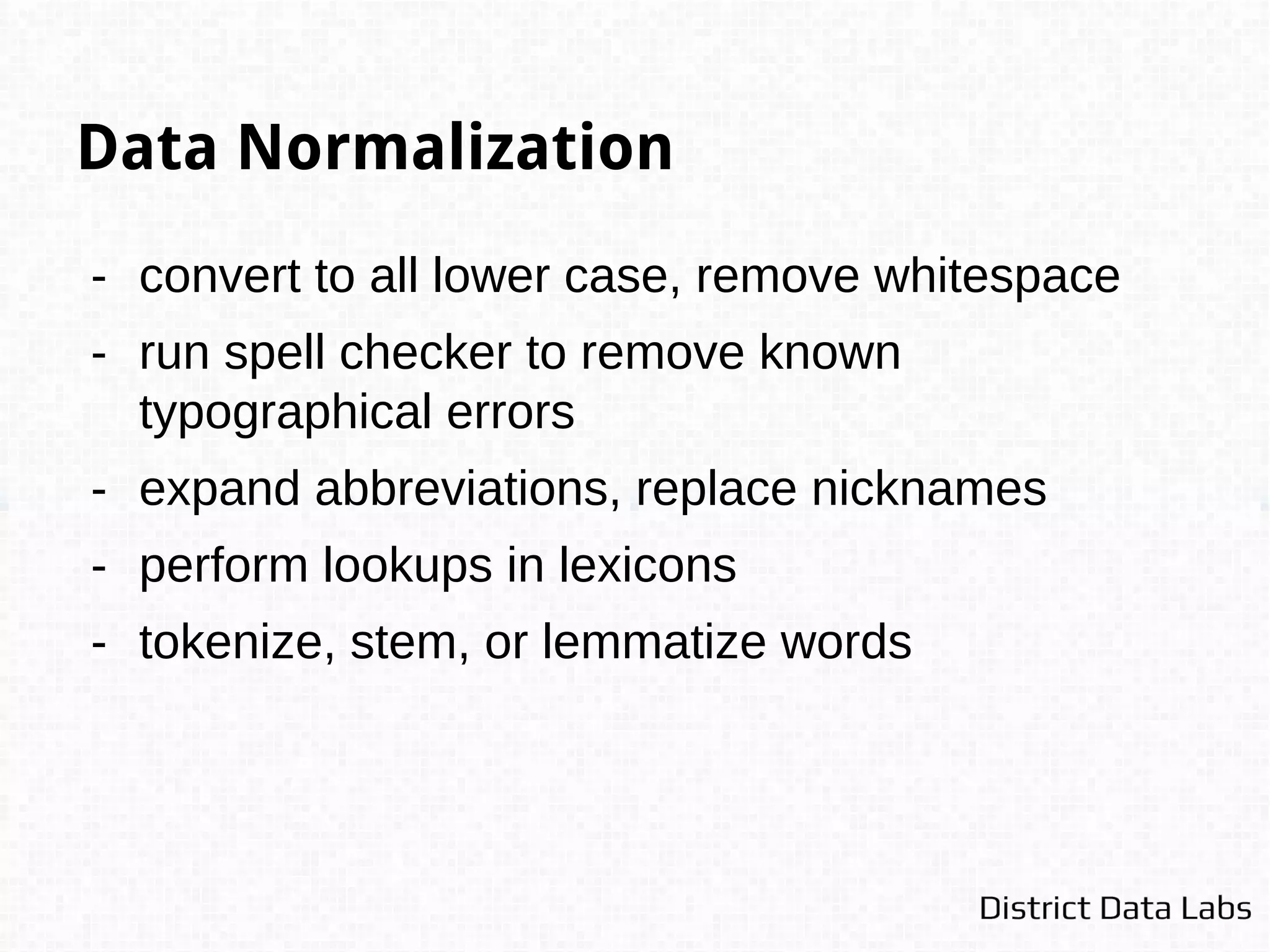 Imputation
- How do you deal with missing values?
- Set all to nan or None, remove empty string.
- How do you compare missing values? Omit
from similarity vector?
- Fill in missing values with aggregate (mean) or
with some default value.
 