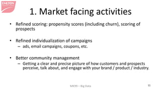 MK99 – Big Data 11 
1. Market facing activities 
• 
Refined scoring: propensity scores (including churn), scoring of prospects 
•Refined individualization of campaigns 
–ads, email campaigns, coupons, etc. 
•Better community management 
–Getting a clear and precise picture of how customers and prospects perceive, talk about, and engage with your brand / product / industry.  