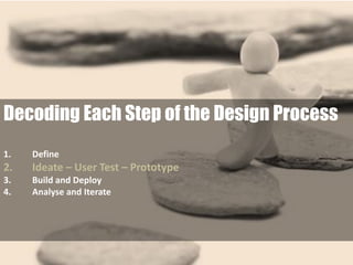 Step 
Decoding Each Step of the Design Process 
1.Define 
2.Ideate – User Test – Prototype 
3.Build and Deploy 
4.Analyse ...
