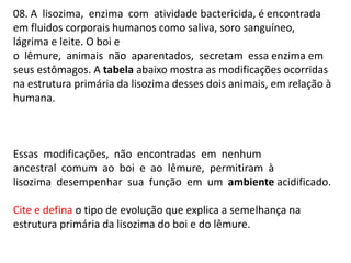 08. A lisozima, enzima com atividade bactericida, é encontrada
em fluidos corporais humanos como saliva, soro sanguíneo,
lágrima e leite. O boi e
o lêmure, animais não aparentados, secretam essa enzima em
seus estômagos. A tabela abaixo mostra as modificações ocorridas
na estrutura primária da lisozima desses dois animais, em relação à
humana.

Essas modificações, não encontradas em nenhum
ancestral comum ao boi e ao lêmure, permitiram à
lisozima desempenhar sua função em um ambiente acidificado.
Cite e defina o tipo de evolução que explica a semelhança na
estrutura primária da lisozima do boi e do lêmure.

 