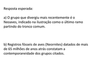 Resposta esperada:
a) O grupo que divergiu mais recentemente é o
Neoaves, indicado na ilustração como o último ramo
partindo do tronco comum.

b) Registros fósseis de aves (Neornites) datados de mais
de 65 milhões de anos atrás constatam a
contemporaneidade dos grupos citados.

 