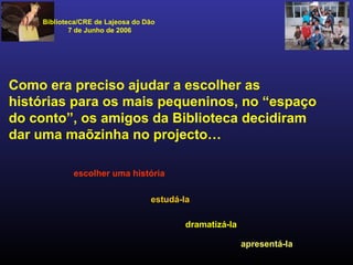 Biblioteca/CRE de Lajeosa do Dão
7 de Junho de 2006
Como era preciso ajudar a escolher as
histórias para os mais pequeninos, no “espaço
do conto”, os amigos da Biblioteca decidiram
dar uma maõzinha no projecto…
escolher uma história
estudá-la
dramatizá-la
apresentá-la
 