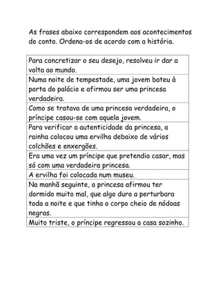 As frases abaixo correspondem aos acontecimentos
do conto. Ordena-os de acordo com a história.

Para concretizar o seu desejo, resolveu ir dar a
volta ao mundo.
Numa noite de tempestade, uma jovem bateu à
porta do palácio e afirmou ser uma princesa
verdadeira.
Como se tratava de uma princesa verdadeira, o
príncipe casou-se com aquela jovem.
Para verificar a autenticidade da princesa, a
rainha colocou uma ervilha debaixo de vários
colchões e enxergões.
Era uma vez um príncipe que pretendia casar, mas
só com uma verdadeira princesa.
A ervilha foi colocada num museu.
Na manhã seguinte, a princesa afirmou ter
dormido muito mal, que algo duro a perturbara
toda a noite e que tinha o corpo cheio de nódoas
negras.
Muito triste, o príncipe regressou a casa sozinho.
 