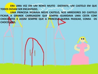 ERA UMA VEZ EM UM REINO MUITO DISTANTE, UM CASTELO EM QUE
TODOS DIZIAM SER ENCANTADO.
UMA PRINCESA MORAVA NESSE CASTELO, NOS ARREDORES DO CASTELO
FICAVA A GRANDE CARRUAGEM QUE SEMPRE GUARDAVA UMA CESTA COM
CHOCOLATES E ASSIM SEMPRE QUE A PRINCESA QUERIA PASSEAR, COMIA OS
CHOCOLATES.
 