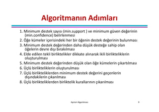 Algoritmanın Adımları
1. Minimum destek sayısı (min.support ) ve minimum güven değerinin
    (min.confidence) belirlenmesi
2. Öğe kümeler içerisindeki her bir öğenin destek değerinin bulunması
3. Minimum destek değerinden daha düşük desteğe sahip olan
    öğelerin devre dışı bırakılması
4. Elde edilen tekli birliktelikler dikkate alınarak ikili birlikteliklerin
    oluşturulması
5. Minimum destek değerinden düşük olan öğe kümelerin çıkartılması
6. Üçlü birlikteliklerin oluşturulması
7. Üçlü birlikteliklerden minimum destek değerini geçenlerin
    dışındakilerin çıkarılması
8. Üçlü birlikteliklerden birliktelik kurallarının çıkarılması



                                Apriori Algoritması                           9
 