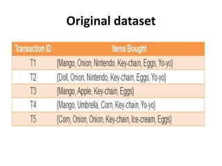 4 I NAME OF PRESENTER
Apriori property: All nonempty subsets of a frequent
itemset must also be frequent
There is two steps:
1. The join step: To find 𝐿 𝑘, a set of candidate k-
itemsets is generated by joining 𝐿 𝑘 with itself
2. The prune step: 𝐶 𝑘 is a superset of 𝐿 𝑘, that is, its
members may or may not be frequent, but all of the
frequent k-itemsets are included in 𝐶 𝑘. A scan of the
database to determine the count of each candidate in 𝐶 𝑘
would result in the determination of 𝐿 𝑘
CSE, DU4
Algorithm
 