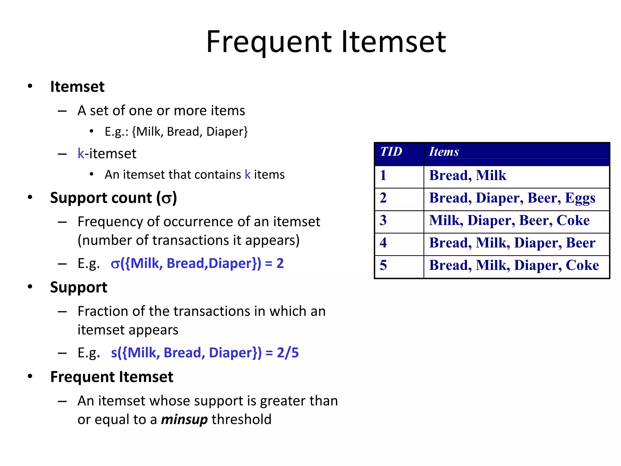 Frequent Itemset
• Itemset
– A set of one or more items
• E.g.: {Milk, Bread, Diaper}
– k-itemset
• An itemset that contains k items
• Support count ()
– Frequency of occurrence of an itemset
(number of transactions it appears)
– E.g. ({Milk, Bread,Diaper}) = 2
• Support
– Fraction of the transactions in which an
itemset appears
– E.g. s({Milk, Bread, Diaper}) = 2/5
• Frequent Itemset
– An itemset whose support is greater than
or equal to a minsup threshold
TID Items
1 Bread, Milk
2 Bread, Diaper, Beer, Eggs
3 Milk, Diaper, Beer, Coke
4 Bread, Milk, Diaper, Beer
5 Bread, Milk, Diaper, Coke
 