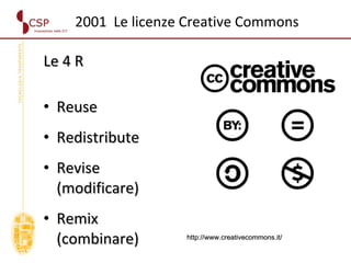 2001  Le licenze Creative Commons Le 4 R Reuse Redistribute Revise (modificare) Remix (combinare) http://www.creativecommons.it/ 