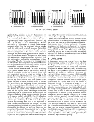 13



                       10                                                           2.5                                                                                                                          0.3
                            Resource-Aware                                                         Resource-Aware                                     8
                                                                                                                                                           Resource-Aware                                                Resource-Aware
                              Quality-Aware                                                          Quality-Aware                     10                    Quality-Aware                                                 Quality-Aware




                                                                                                                            No. of MBR Computations
                                                                                                                                                                     Basic                                      0.25
                       8                                                             2




                                                            Cloaked Area Size (K)
 Number of Bytes (K)




                                                                                                                                                                                           Query Answer Error
                                                                                                                                                      6
                                                                                                                                       10                                                                        0.2
                       6                                                            1.5
                                                                                                                                                      4
                                                                                                                                       10                                                                       0.15
                       4                                                             1
                                                                                                                                                                                                                 0.1
                                                                                                                                       102
                       2                                                            0.5
                                                                                                                                                                                                                0.05
                                                                                                                                       100
                       0                                                             0                                                                                                                            0
                            5     10  15   20     25   30                                   5     10  15   20     25   30                                  5    10   15   20     25   30                                 5     10  15   20     25   30
                                Maximum Mobility Speed                                          Maximum Mobility Speed                                         Maximum Mobility Speed                                        Maximum Mobility Speed

                        (a) Communication cost                                            (b) Cloaked area size                                           (c) Computational cost                                       (d) Estimation error

                                                                                                     Fig. 11: Object mobility speeds.


spatial cloaking technique to preserve the monitored ob-                                                                    vices while the usability of anonymized location data
ject’s location privacy in our location monitoring system.                                                                  was not discussed in [6].
   In terms of system architecture, existing spatial cloak-                                                                   Other privacy related works include: anonymous com-
ing techniques can be categorized into centralized [19],                                                                    munication that provides anonymous routing between
[20], [22], [25], [26], [27], [28], distributed [23], [24], and                                                             the sender and the receiver [12], source location privacy
peer-to-peer [21] approaches. In general, the centralized                                                                   that hides the sender’s location and identity [13], aggre-
approach suffers from the mentioned internal attacks,                                                                       gate data privacy that preserves the privacy of the sensor
while the distributed approach assumes that mobile                                                                          node’s aggregate readings during transmission [30], data
users communicate with each other through base sta-                                                                         storage privacy that hides the data storage location [31],
tions is not applicable to the wireless sensor network.                                                                     and query privacy that avoids disclosing the personal
Although the peer-to-peer approach can be applied to                                                                        interests [32]. However, none of these previous works is
the wireless sensor network, the previous work using                                                                        applicable to our problem.
this approach only focuses on hiding a single user loca-
tion with no direct applicability to sensor-based location                                                                  8                             C ONCLUSION
monitoring. Also, the previous peer-to-peer approaches                                                                      In this paper, we propose a privacy-preserving loca-
do not consider the quality of cloaked areas and discuss                                                                    tion monitoring system for wireless sensor networks.
how to provide location monitoring services based on                                                                        We design two in-network location anonymization al-
the gathered aggregate location information.                                                                                gorithms, namely, resource- and quality-aware algorithms,
   In the wireless sensor network, Cricket [2] is the only                                                                  that preserve personal location privacy, while enabling
privacy-aware location system that provides a decen-                                                                        the system to provide location monitoring services. Both
tralized positioning service for its users where each                                                                       algorithms rely on the well established k-anonymity pri-
user can control whether to reveal her location to the                                                                      vacy concept that requires a person is indistinguishable
system. However, when many users decide not to reveal                                                                       among k persons. In our system, sensor nodes execute
their locations, the location monitoring system cannot                                                                      our location anonymization algorithms to provide k-
provide any useful services. This is in contrast to our                                                                     anonymous aggregate locations, in which each aggre-
system that aims to enable the sensor nodes to provide                                                                      gate location is a cloaked area A with the number of
the privacy-preserving aggregate location information                                                                       monitored objects, N , located in A, where N ≥ k,
of the monitored objects. The closest work to ours is                                                                       for the system. The resource-aware algorithm aims to
the hierarchical location anonymization algorithm [6]                                                                       minimize communication and computational cost, while
that divides the system space into hierarchical levels                                                                      the quality-aware algorithm aims to minimize the size of
based on the physical units, for example, sub-rooms,                                                                        cloaked areas in order to generate more accurate aggre-
rooms and ﬂoors. If a unit contains at least k users, the                                                                   gate locations. To provide location monitoring services
algorithm cloaks the subject count by rounding the value                                                                    based on the aggregate location information, we propose
to the nearest multiple of k. Otherwise, the algorithm                                                                      a spatial histogram approach that analyzes the aggregate
cloaks the location of the physical unit by selecting a                                                                     locations reported from the sensor nodes to estimate
suitable space containing at least k users at the higher                                                                    the distribution of the monitored objects. The estimated
level of the hierarchy. This work is not applicable to                                                                      distribution is used to provide location monitoring ser-
some landscape environments, for example, shopping                                                                          vices through answering range queries. We evaluate
mall and stadium, and outdoor environments. Our work                                                                        our system through simulated experiments. The results
distinguishes itself from this work, as (1) we do not                                                                       show that our system provides high quality location
assume any hierarchical structures, so it can be applied                                                                    monitoring services (the accuracy of the resource-aware
to all kinds of environments, and (2) we consider the                                                                       algorithm is about 75% and the accuracy of the quality-
problem of how to utilize the anonymized location data                                                                      aware algorithm is about 90%), while preserving the
to provide privacy-preserving location monitoring ser-                                                                      monitored object’s location privacy.
 