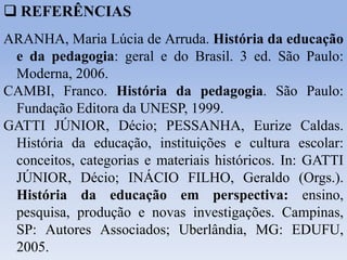  REFERÊNCIAS
ARANHA, Maria Lúcia de Arruda. História da educação
e da pedagogia: geral e do Brasil. 3 ed. São Paulo:
Moderna, 2006.
CAMBI, Franco. História da pedagogia. São Paulo:
Fundação Editora da UNESP, 1999.
GATTI JÚNIOR, Décio; PESSANHA, Eurize Caldas.
História da educação, instituições e cultura escolar:
conceitos, categorias e materiais históricos. In: GATTI
JÚNIOR, Décio; INÁCIO FILHO, Geraldo (Orgs.).
História da educação em perspectiva: ensino,
pesquisa, produção e novas investigações. Campinas,
SP: Autores Associados; Uberlândia, MG: EDUFU,
2005.
 