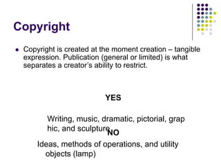CopyrightCopyright is created at the moment creation – tangible expression. Publication (general or limited) is what separates a creator’s ability to restrict.YES Writing, music, dramatic, pictorial, graphic, and sculptureNOIdeas, methods of operations, and utility objects (lamp)