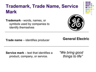Trademark, Trade Name, Service MarkGeneral Electric“We bring good things to life”Trademark - words, names, or symbols used by companies to identify themselvesTrade name – identifies producerService mark – text that identifies a product, company, or service.