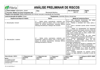 FO. 01.06.039 Rev 1
ANÁLISE PRELIMINAR DE RISCOS
Fibria Unidade: Capão Bonito - Jacareí
Provedor: Waldecir da Costa Transportes Ltda.
Área:
Manutenção Mecânica
Data da Elaboração:
09/01/12
Página:
7/16
Trabalho a ser executado: Realiza deslocamento com Veículo Leve para a manutenção dos Caminhões.
Local de execução de trabalho: Campo Equipamento: Caminhão Oficina e Veículo leve
Seqüência das Etapas de Trabalho Riscos Medida de Controle dos Riscos
5 - Manutenções / Esmeril
5.1 – Batida contra, queimaduras, acidentes com
ferramentas, queda de mesmo nível e nível superior,
ataque de animais peçonhentos, descarga elétrica,
descarga atmosféricas e radiação não ionizante.
5.1.7 - Não improvisar ferramentas, não utilizar
ferramentas com defeitos ou desgastadas.
5.1.8 - Realizar a atividade com muita calma e
atenção;
5.1.9 – Parar a atividade quando estiver chovendo
muito forte.
6 – Manutenções / Lixadeira
6.1 – Batida contra, queimadura, acidentes com
ferramentas, queda de mesmo nível e nível superior,
ataque de animais peçonhentos, descarga elétrica,
descarga atmosférica, incêndio,
6.1.1 - Utilizar os equipamentos de segurança
adequados (Capacete com jugular, perneira, óculos de
proteção, luvas de vaqueta, luvas de raspa punho
longo, creme protetor para as mãos, protetor solar,
protetor facial e avental de raspa);
6.1.2 – Garantir que a área de risco esteja
devidamente protegida, sinalizada e desobstruída;
6.1.3 - Verifique cuidadosamente se o disco tem
rachaduras ou deformidades antes de seu
funcionamento. Substituir o disco com rachaduras ou
danificados imediatamente.
6.1.4- Não use bucha de redução ou adaptador para
adaptar disco abrasivo com orifício central grande.
6.1.5 - Não danifique o furo, o flange (especialmente a
superfície de instalação) ou a porca de pressão
(mandril). Danos nessas partes podem resultar em
ruptura do disco;
6.1.6 - Proibido realização de qualquer serviço
embaixo de redes elétricas e próximas a torres de
energia.
Data da Revisão: 12/02/14 Responsável pela
Contratante.
Nome:
Responsável pela
Contratada.
Nome:
Responsável
Executante.
Nome:
SESTR / SESMT
Contratada:
Nome.
Validação do SESTR / SESMT
FIBRIA.
Nome:
MOTIVO:
Investigação de Acidente
Inspeção de Segurança
Mudança do Método de Trabalho
Revisão Técnica
 