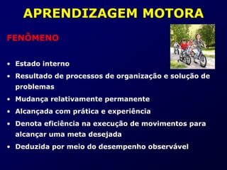 APRENDIZAGEM MOTORA
FENÔMENO
• Estado interno
• Resultado de processos de organização e solução de
problemas
• Mudança relativamente permanente
• Alcançada com prática e experiência
• Denota eficiência na execução de movimentos para
alcançar uma meta desejada
• Deduzida por meio do desempenho observável
 