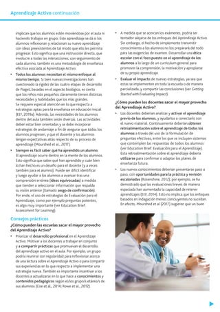 implican que los alumnos estén moviéndose por el aula ni
haciendo trabajos en grupo. Este aprendizaje se da si los
alumnos reflexionan y relacionan su nuevo aprendizaje
con ideas preexistentes de tal modo que ello les permita
progresar. Esto significa que una instrucción directa, que
involucre a todas las interacciones, con seguimiento de
cada alumno, también es una metodología de enseñanza
efectiva asociada al Aprendizaje Activo.
•	 Todos los alumnos necesitan el mismo enfoque al
mismo tiempo. Si bien nuevas investigaciones han
cuestionado la rigidez de las cuatro etapas de desarrollo
de Piaget, basadas en el aspecto biológico, es cierto
que los niños más pequeños claramente tienen distintas
necesidades y habilidades que los más grandes.
Se requiere especial atención en lo que respecta a
estrategias aptas para la enseñanza en educación inicial
(EEF, 2019a). Además, las necesidades de los alumnos
dentro del aula también serán diversas. Las actividades
deben estar bien orientadas y se debe incorporar
estrategias de andamiaje a fin de asegurar que todos los
alumnos progresen, y que el docente y los alumnos
tengan expectativas altas respecto de su proceso de
aprendizaje (Mourshed et al., 2017).
•	 Siempre es fácil saber qué ha aprendido un alumno.
El aprendizaje ocurre dentro en la mente de los alumnos.
Esto significa que saber qué han aprendido y cuán bien
lo han hecho es un desafío para el docente (y a veces
también para el alumno). Puede ser difícil identificar
y luego ayudar a los alumnos a avanzar tras una
comprensión errónea (ideas equivocadas) a medida
que tienden a seleccionar información que respalda
su visión anterior (llamado sesgo de confirmación).
Por ende, el uso de estrategias de Evaluación para el
Aprendizaje, como por ejemplo preguntas potentes,
es algo muy importante (ver Education Brief:
Assessment for Learning).
Consejos prácticos
¿Cómo pueden las escuelas sacar el mayor provecho
del Aprendizaje Activo?
•	 Priorizar el desarrollo profesional en el Aprendizaje
Activo. Motivar a los docentes a trabajar en conjunto
y a compartir prácticas que promuevan el desarrollo
del aprendizaje activo en el aula. Por ejemplo, un grupo
podría reunirse con regularidad para reflexionar acerca
de una lectura sobre el Aprendizaje Activo o para compartir
sus experiencias en lo que respecta a implementar una
estrategia nueva. También es importante incentivar a los
docentes a actualizarse en lo que hace a conocimientos y
contenidos pedagógicos según el/los grupo/s etáreo/s de
sus alumnos (Coe et al., 2014; Rowe et al., 2012).
Aprendizaje Activo continuación
•	 A medida que se acercan los exámenes, podría ser
tentador alejarse de los enfoques del Aprendizaje Activo.
Sin embargo, el hecho de simplemente transmitir
conocimiento a los alumnos no los preparará del todo
para las exigencias de examen. Desarrollar una ética
escolar con el foco puesto en el aprendizaje de los
alumnos a lo largo de un currículum general para
promover la comprensión, la motivación y apropiarse
de su propio aprendizaje.
•	 Evaluar el impacto de nuevas estrategias, ya sea que
estas se implementen en toda la escuela o de manera
parcializada, y compartir las conclusiones (ver Getting
Started with Evaluating Impact).
¿Cómo pueden los docentes sacar el mayor provecho
del Aprendizaje Activo?
•	 Los docentes deberían analizar y activar el aprendizaje
previo de los alumnos, y ayudarlos a conectarlo con
el nuevo material. Continuamente deberían obtener
retroalimentación sobre el aprendizaje de todos los
alumnos a través del uso de la formulación de
preguntas efectivas, entre los que se incluyan sistemas
que contemplen las respuestas de todos los alumnos
(ver Education Brief: Evaluación para el Aprendizaje).
Esta retroalimentación sobre el aprendizaje debería
utilizarse para confirmar o adaptar los planes de
enseñanza futura.
•	 Los nuevos conocimientos deberían presentarse paso a
paso, con oportunidades para la práctica y revisión
escalonadas (Rosenshine, 2012); por ejemplo, se ha
demostrado que las evaluaciones breves de manera
espaciada han aumentado la capacidad de retener
aprendizajes (EEF, 2014). Esto no implica que los enfoques
basados en indagación menos concluyentes no sucedan.
En efecto, Mourshed et al (2017) sugieren que un buen
 