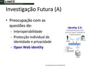 Investigação Futura (A) Preocupação com as questões de: Interoperabilidade  Protecção individual de identidade e privacidade Open Web identity   http://blogs.zdnet.com/Hinchcliffe/?p=52 