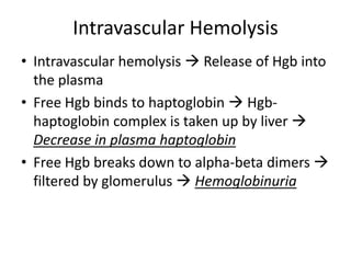 Intravascular Hemolysis
• Intravascular hemolysis  Release of Hgb into
the plasma
• Free Hgb binds to haptoglobin  Hgb-
haptoglobin complex is taken up by liver 
Decrease in plasma haptoglobin
• Free Hgb breaks down to alpha-beta dimers 
filtered by glomerulus  Hemoglobinuria
 