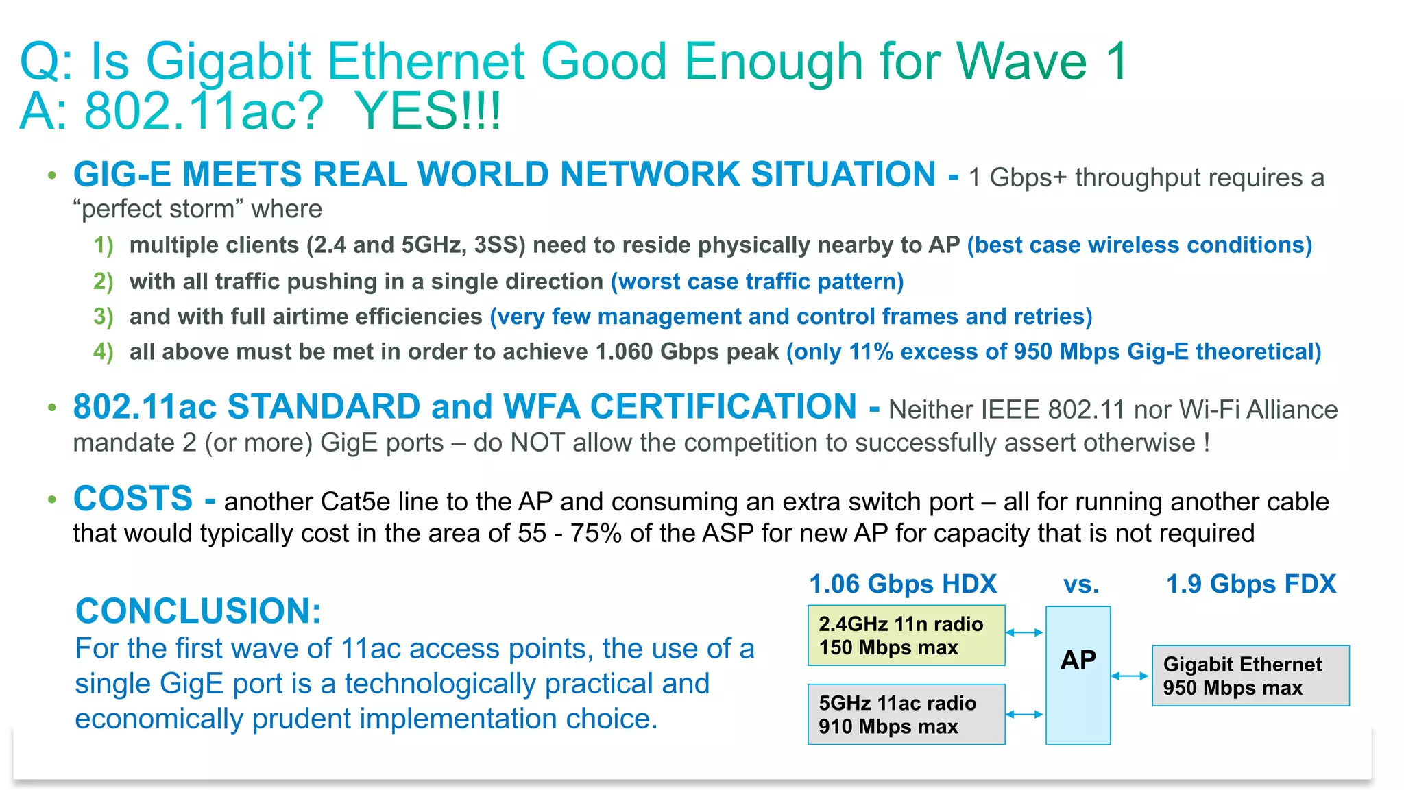 © 2010 Cisco and/or its affiliates. All rights reserved. Cisco Confidential 23
•  GIG-E MEETS REAL WORLD NETWORK SITUATION - 1 Gbps+ throughput requires a
“perfect storm” where
1)  multiple clients (2.4 and 5GHz, 3SS) need to reside physically nearby to AP (best case wireless conditions)
2)  with all traffic pushing in a single direction (worst case traffic pattern)
3)  and with full airtime efficiencies (very few management and control frames and retries)
4)  all above must be met in order to achieve 1.060 Gbps peak (only 11% excess of 950 Mbps Gig-E theoretical)
•  802.11ac STANDARD and WFA CERTIFICATION - Neither IEEE 802.11 nor Wi-Fi Alliance
mandate 2 (or more) GigE ports – do NOT allow the competition to successfully assert otherwise !
•  COSTS - another Cat5e line to the AP and consuming an extra switch port – all for running another cable
that would typically cost in the area of 55 - 75% of the ASP for new AP for capacity that is not required
CONCLUSION:
For the first wave of 11ac access points, the use of a
single GigE port is a technologically practical and
economically prudent implementation choice.
2.4GHz 11n radio
150 Mbps max
5GHz 11ac radio
910 Mbps max
AP Gigabit Ethernet
950 Mbps max
1.06 Gbps HDX vs. 1.9 Gbps FDX
 