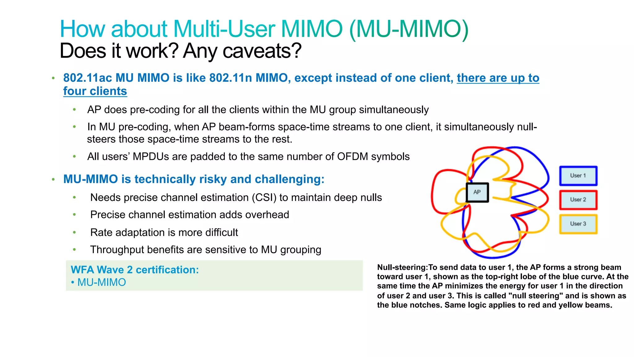 37
Cisco Confidential © 2011 Cisco and/or its affiliates. All rights reserved.
Does it work? Any caveats?
•  802.11ac MU MIMO is like 802.11n MIMO, except instead of one client, there are up to
four clients
•  AP does pre-coding for all the clients within the MU group simultaneously
•  In MU pre-coding, when AP beam-forms space-time streams to one client, it simultaneously null-
steers those space-time streams to the rest.
•  All users’ MPDUs are padded to the same number of OFDM symbols
•  MU-MIMO is technically risky and challenging:
•  Needs precise channel estimation (CSI) to maintain deep nulls
•  Precise channel estimation adds overhead
•  Rate adaptation is more difficult
•  Throughput benefits are sensitive to MU grouping
WFA Wave 2 certification:
• MU-MIMO
Null-steering:To send data to user 1, the AP forms a strong beam
toward user 1, shown as the top-right lobe of the blue curve. At the
same time the AP minimizes the energy for user 1 in the direction
of user 2 and user 3. This is called "null steering" and is shown as
the blue notches. Same logic applies to red and yellow beams.
 