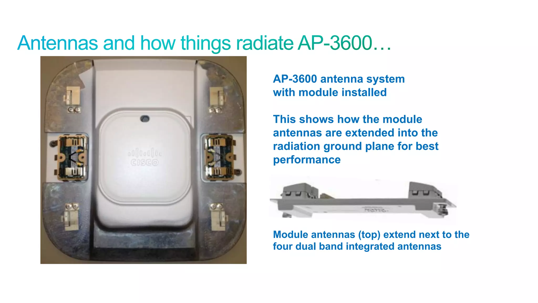 38
Cisco Confidential © 2011 Cisco and/or its affiliates. All rights reserved.
AP-3600 antenna system
with module installed
This shows how the module
antennas are extended into the
radiation ground plane for best
performance
Module antennas (top) extend next to the
four dual band integrated antennas
 