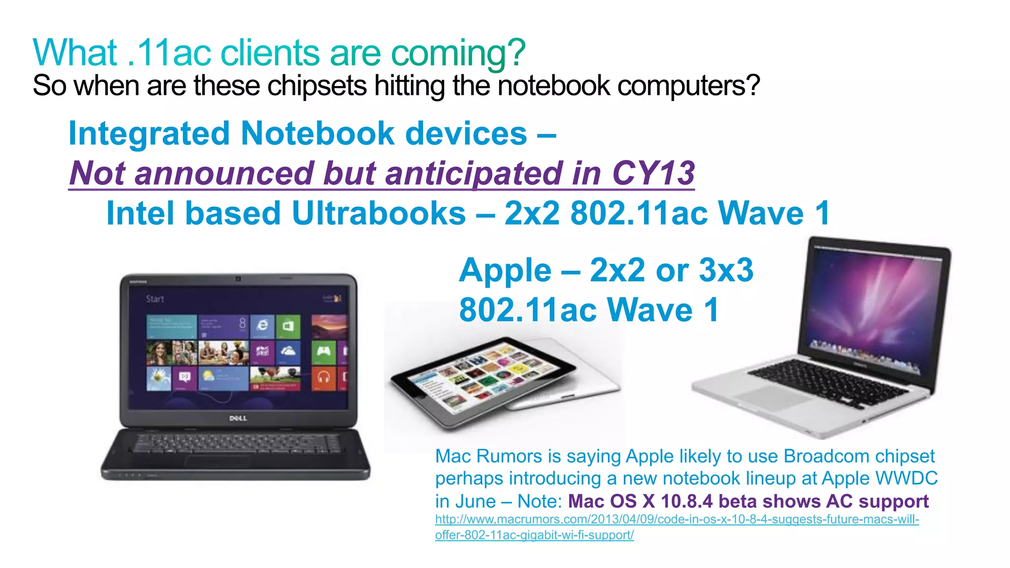 46
Cisco Confidential © 2011 Cisco and/or its affiliates. All rights reserved.
So when are these chipsets hitting the notebook computers?
Integrated Notebook devices –
Not announced but anticipated in CY13
Intel based Ultrabooks – 2x2 802.11ac Wave 1
Apple – 2x2 or 3x3
802.11ac Wave 1
Mac Rumors is saying Apple likely to use Broadcom chipset
perhaps introducing a new notebook lineup at Apple WWDC
in June – Note: Mac OS X 10.8.4 beta shows AC support
http://www.macrumors.com/2013/04/09/code-in-os-x-10-8-4-suggests-future-macs-will-
offer-802-11ac-gigabit-wi-fi-support/
 