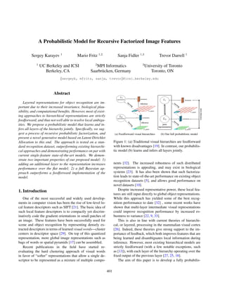 A Probabilistic Model for Recursive Factorized Image Features

         Sergey Karayev 1                 Mario Fritz 1,2                 Sanja Fidler 1,3                                                Trevor Darrell 1
            1                                         2                                                            3
                UC Berkeley and ICSI                  MPI Informatics                                                  University of Toronto
                  Berkeley, CA                     Saarbr¨ cken, Germany
                                                         u                                                                Toronto, ON
                             {sergeyk, mfritz, sanja, trevor}@icsi.berkeley.edu



                         Abstract
                                                                              L1                      T1
                                                                         representation                         activations                   L1                        T1      activations
    Layered representations for object recognition are im-                                lea
                                                                                             rn                 inference                                 lea
                                                                                                                                                             rn
                                                                                                ing                                                               ing
portant due to their increased invariance, biological plau-




                                                                                                                                                                                                      Joint Inference
sibility, and computational beneﬁts. However, most of exist-                                                                  L1 patch
                                                                                                                                                                                           L1 patch

ing approaches to hierarchical representations are strictly                  L0                            T0       activations
                                                                         representation                                                       L0                  T0         activations
feedforward, and thus not well able to resolve local ambigu-                                                                                              lea
                                                                                                                                                             rn
                                                                                                                 inference

                                                                                          l ea
                                                                                                                                                               ing
ities. We propose a probabilistic model that learns and in-                                                                                   Joint
                                                                                              rn
                                                                                               ing
                                                                                                                                         representation
fers all layers of the hierarchy jointly. Speciﬁcally, we sug-                                        w              L0 patch                                w                  L0 patch

gest a process of recursive probabilistic factorization, and           (a) Feedforward visual hierarchies                                  (b) Our full probabilistic model
present a novel generative model based on Latent Dirichlet
Allocation to this end. The approach is tested on a stan-              Figure 1: (a) Traditional visual hierarchies are feedforward
dard recognition dataset, outperforming existing hierarchi-            with known disadvantages [19]. In contrast, our probabilis-
cal approaches and demonstrating performance on par with               tic model (b) learns and infers all layers jointly.
current single-feature state-of-the-art models. We demon-
strate two important properties of our proposed model: 1)
adding an additional layer to the representation increases             nents [32]. The increased robustness of such distributed
performance over the ﬂat model; 2) a full Bayesian ap-                 representations is appealing, and may exist in biological
proach outperforms a feedforward implementation of the                 systems [23]. It has also been shown that such factoriza-
model.                                                                 tion leads to state-of-the-art performance on existing object
                                                                       recognition datasets [5], and allows good performance on
                                                                       novel datasets [10].
1. Introduction                                                            Despite increased representative power, these local fea-
                                                                       tures are still input directly to global object representations.
   One of the most successful and widely used develop-                 While this approach has yielded some of the best recog-
ments in computer vision has been the rise of low-level lo-            nition performance to date [32] , some recent works have
cal feature descriptors such as SIFT [21]. The basic idea of           shown that multi-layer intermediate visual representations
such local feature descriptors is to compactly yet discrim-            could improve recognition performance by increased ro-
inatively code the gradient orientations in small patches of           bustness to variance [22, 9, 33].
an image. These features have been successfully used for                   This is also in line with current theories of hierarchi-
scene and object recognition by representing densely ex-               cal, or layered, processing in the mammalian visual cortex
tracted descriptors in terms of learned visual words—cluster           [26]. Indeed, these theories give strong support to the im-
centers in descriptor space [29]. On top of this quantized             portance of feedback, which both improves features that are
representation, more global image representations such as              being learned and disambiguates local information during
bags of words or spatial pyramids [17] can be assembled.               inference. However, most existing hierarchical models are
   Recent publications in the ﬁeld have started re-                    strictly feedforward (with a few notable exceptions, such
evaluating the hard clustering approach of visual words                as [13]), with each layer of the hierarchy operating over the
in favor of “softer” representations that allow a single de-           ﬁxed output of the previous layer [27, 25, 18].
scriptor to be represented as a mixture of multiple compo-                 The aim of this paper is to develop a fully probabilis-


                                                                 401
 