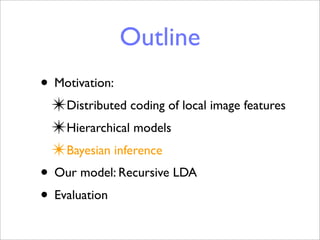 Outline
• Motivation:
 ✴Distributed coding of local image features
 ✴Hierarchical models
 ✴Bayesian inference
• Our model: Recursive LDA
• Evaluation
 