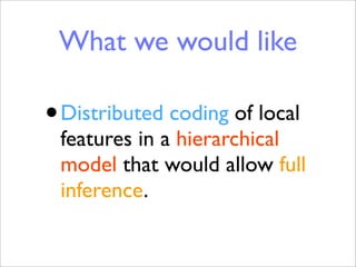 What we would like

•   Distributed coding of local
    features in a hierarchical
    model that would allow full
    inference.
 
