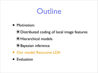 Outline
• Motivation:
 ✴Distributed coding of local image features
 ✴Hierarchical models
 ✴Bayesian inference
• Our model: Recursive LDA
• Evaluation
 