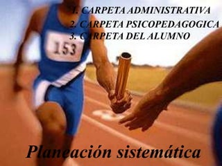 Planeación sistemática
1. CARPETA ADMINISTRATIVA
2. CARPETA PSICOPEDAGOGICA
3. CARPETA DEL ALUMNO
 