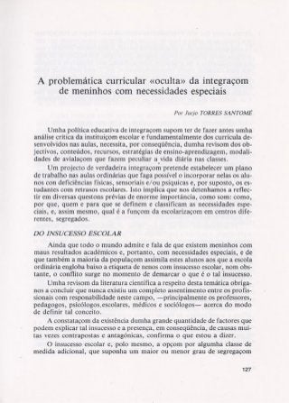 A problemática curricular «oculta» da integraçom de meninhos com necessidades especiais. Jurjo Torres Santomé (1988) 