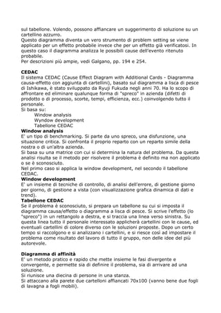 sul tabellone. Volendo, possono affiancare un suggerimento di soluzione su un
cartellino azzurro.
Questo diagramma diventa un vero strumento di problem setting se viene
applicato per un effetto probabile invece che per un effetto già verificatosi. In
questo caso il diagramma analizza le possibili cause dell'evento ritenuto
probabile.
Per descrizioni più ampie, vedi Galgano, pp. 194 e 254.

CEDAC
Il sistema CEDAC (Cause Effect Diagram with Additional Cards - Diagramma
causa-effetto con aggiunta di cartellini), basato sul diagramma a lisca di pesce
di Ishikawa, è stato sviluppato da Ryuji Fukuda negli anni 70. Ha lo scopo di
affrontare ed eliminare qualunque forma di "spreco" in azienda (difetti di
prodotto o di processo, scorte, tempi, efficienza, ecc.) coinvolgendo tutto il
personale.
Si basa su:
       Window analysis
       Wyndow development
       Tabellone CEDAC
Window analysis
E' un tipo di benchmarking. Si parte da uno spreco, una disfunzione, una
situazione critica. Si confronta il proprio reparto con un reparto simile della
nostra o di un'altra azienda.
Si basa su una matrice con cui si determina la natura del problema. Da questa
analisi risulta se il metodo per risolvere il problema è definito ma non applicato
o se è sconosciuto.
Nel primo caso si applica la window development, nel secondo il tabellone
CEDAC.
Window development
E' un insieme di tecniche di controllo, di analisi dell'errore, di gestione giorno
per giorno, di gestione a vista (con visualizzazione grafica dinamica di dati e
trend).
Tabellone CEDAC
Se il problema è sconosciuto, si prepara un tabellone su cui si imposta il
diagramma causa/effetto o diagramma a lisca di pesce. Si scrive l'effetto (lo
"spreco") in un rettangolo a destra, e si traccia una linea verso sinistra. Su
questa linea tutto il personale interessato applicherà cartellini con le cause, ed
eventuali cartellini di colore diverso con le soluzioni proposte. Dopo un certo
tempo si raccolgono e si analizzano i cartellini, e si riesce così ad impostare il
problema come risultato del lavoro di tutto il gruppo, non delle idee del più
autorevole.

Diagramma di affinità
E' un metodo pratico e rapido che mette insieme le fasi divergente e
convergente, e permette sia di definire il problema, sia di arrivare ad una
soluzione.
Si riunisce una diecina di persone in una stanza.
Si attaccano alla parete due cartelloni affiancati 70x100 (vanno bene due fogli
di lavagna a fogli mobili).
 