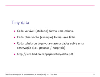 Tiny data
• Cada vari´vel (atributo) forma uma coluna.
a
• Cada observa¸˜o (exemplo) forma uma linha.
ca
• Cada tabela ou arquivo armazena dados sobre uma
observa¸˜o (i.e., pessoas / hospitais)
ca
• http://vita.had.co.nz/papers/tidy-data.pdf

Web Data Mining com R: processamento de dados [no R] —

Tiny data

13

 