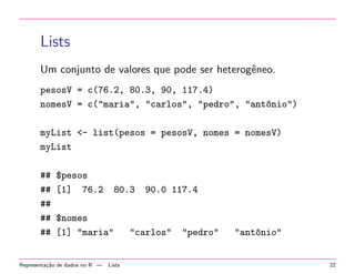 Lists
Um conjunto de valores que pode ser heterogˆneo.
e
pesosV = c(76.2, 80.3, 90, 117.4)
nomesV = c("maria", "carlos", "pedro", "ant^nio")
o
myList <- list(pesos = pesosV, nomes = nomesV)
myList
##
##
##
##
##

$pesos
[1] 76.2

80.3

$nomes
[1] "maria"

Representa¸˜o de dados no R —
ca

Lists

90.0 117.4

"carlos"

"pedro"

"ant^nio"
o

22

 
