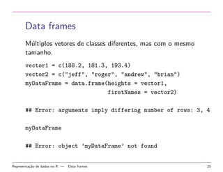 Data frames
M´ltiplos vetores de classes diferentes, mas com o mesmo
u
tamanho.
vector1 = c(188.2, 181.3, 193.4)
vector2 = c("jeff", "roger", "andrew", "brian")
myDataFrame = data.frame(heights = vector1,
firstNames = vector2)
## Error: arguments imply differing number of rows: 3, 4
myDataFrame
## Error: object ’myDataFrame’ not found

Representa¸˜o de dados no R —
ca

Data frames

25

 