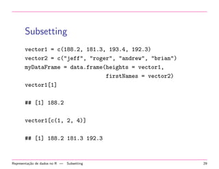 Subsetting
vector1 = c(188.2, 181.3, 193.4, 192.3)
vector2 = c("jeff", "roger", "andrew", "brian")
myDataFrame = data.frame(heights = vector1,
firstNames = vector2)
vector1[1]
## [1] 188.2
vector1[c(1, 2, 4)]
## [1] 188.2 181.3 192.3

Representa¸˜o de dados no R —
ca

Subsetting

29

 