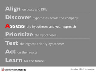 @tgwilson | bit.ly/webprocess
Align on goals and KPIs
Discover hypotheses across the company
Assess the hypotheses and your approach
Prioritize the hypotheses
Test the highest priority hypotheses
Act on the results
Learn for the future
 