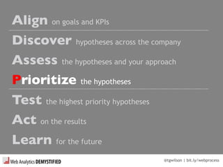 @tgwilson | bit.ly/webprocess
Align on goals and KPIs
Discover hypotheses across the company
Assess the hypotheses and your approach
Prioritize the hypotheses
Test the highest priority hypotheses
Act on the results
Learn for the future
 