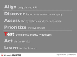 @tgwilson | bit.ly/webprocess
Align on goals and KPIs
Discover hypotheses across the company
Assess the hypotheses and your approach
Prioritize the hypotheses
Test the highest priority hypotheses
Act on the results
Learn for the future
 