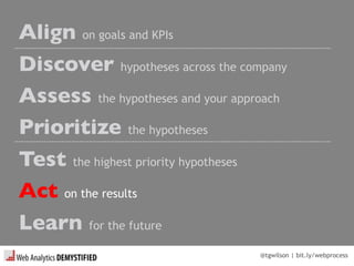 @tgwilson | bit.ly/webprocess
Align on goals and KPIs
Discover hypotheses across the company
Assess the hypotheses and your approach
Prioritize the hypotheses
Test the highest priority hypotheses
Act on the results
Learn for the future
 