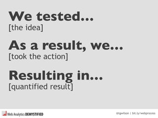 @tgwilson | bit.ly/webprocess
As a result, we…
[took the action]
We tested…
[the idea]
Resulting in…
[quantified result]
 